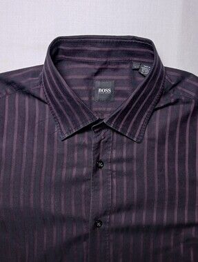 Hugo Boss Mens Vertical Striped Button Up Shirt Large Black Purple